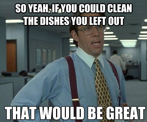 So yeah, if you could clean the dishes you left out  THAT WOULD BE GREAT  that would be great