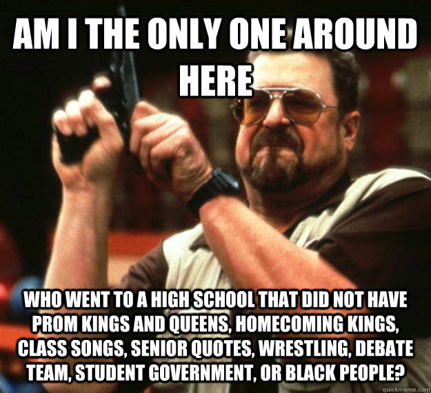 AM I THE ONLY ONE AROUND HERE who went to a high school that did not have prom kings and queens, homecoming kings, class songs, senior quotes, wrestling, debate team, student government, or black people?  Angry Walter