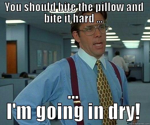 YOU SHOULD BITE THE PILLOW AND BITE IT HARD ...  ... I'M GOING IN DRY! Office Space Lumbergh