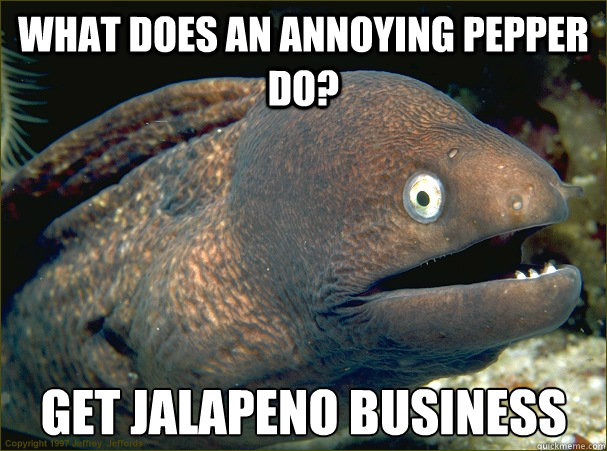 what does an annoying pepper do? get jalapeno business  Bad Joke Eel