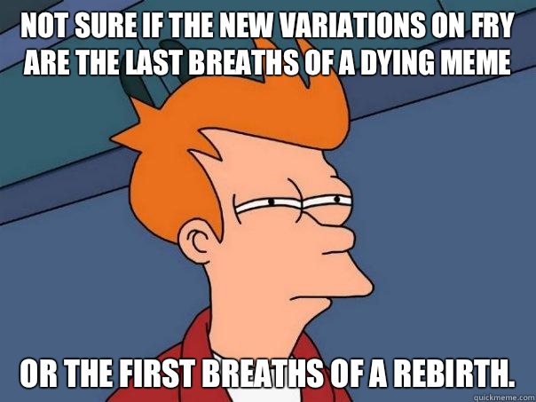 Not sure if the new variations on fry are the last breaths of a dying meme Or the first breaths of a rebirth.  Futurama Fry