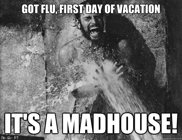 got flu, first day of vacation IT'S A MADHOUSE!  Charlton Heston Madhouse