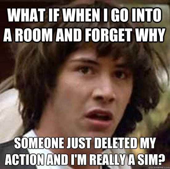 What if when i go into a room and forget why someone just deleted my action and i'm really a sim?  conspiracy keanu