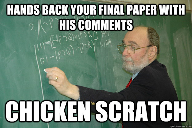 Hands back your final paper with his comments chicken scratch  Humanities Professor