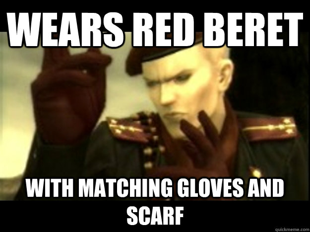 wears red beret  with matching gloves and scarf - wears red beret  with matching gloves and scarf  Oscillating Ocelot