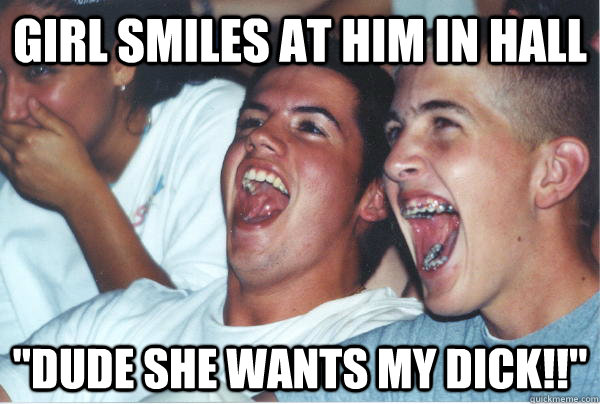 Girl smiles at him in hall 