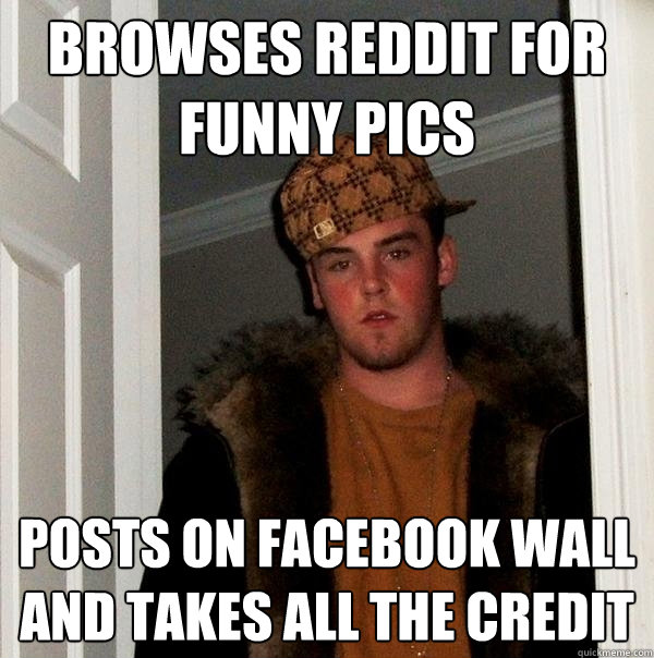 browses reddit for funny pics posts on facebook wall and takes all the credit  Scumbag Steve