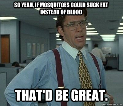 So yeah, if mosquitoes could suck fat instead of blood That'd be great.  Bill lumberg