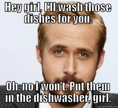 HEY GIRL, I'LL WASH THOSE DISHES FOR YOU. OH, NO I WON'T. PUT THEM IN THE DISHWASHER, GIRL. Good Guy Ryan Gosling