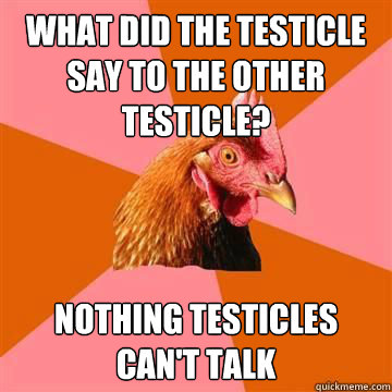 What did the testicle say to the other testicle? Nothing testicles can't talk  Anti-Joke Chicken