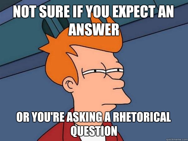 Not sure if you expect an answer or you're asking a rhetorical question - Not sure if you expect an answer or you're asking a rhetorical question  Futurama Fry