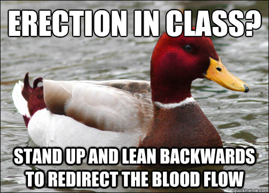 erection in class?
 stand up and lean backwards to redirect the blood flow  Malicious Advice Mallard