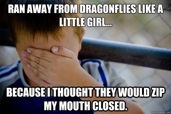 ran away from dragonflies like a little girl... because i thought they would zip my mouth closed. - ran away from dragonflies like a little girl... because i thought they would zip my mouth closed.  Misc