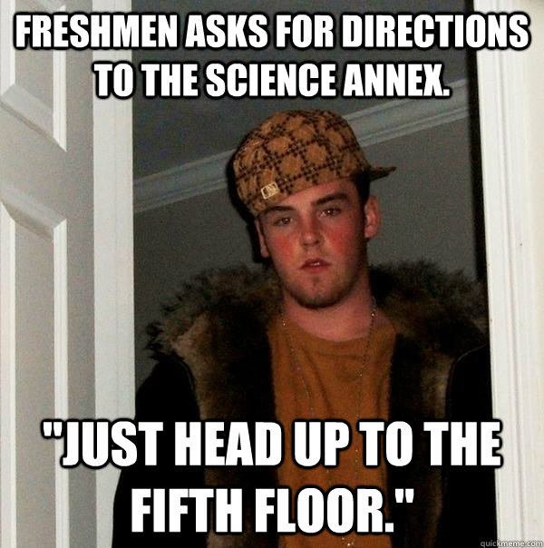 Freshmen asks for directions to the science annex. 