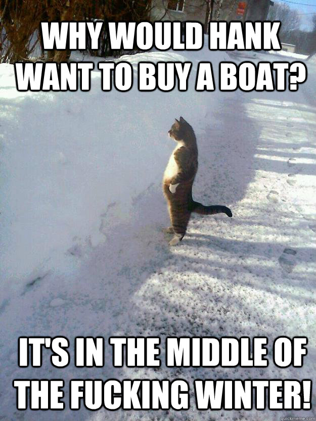 Why would hank want to buy a boat? It's in the middle of the fucking winter! - Why would hank want to buy a boat? It's in the middle of the fucking winter!  CatSnowbank