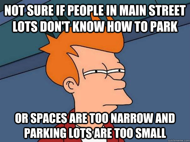 Not sure if people in main street lots don't know how to park Or spaces are too narrow and parking lots are too small  Futurama Fry