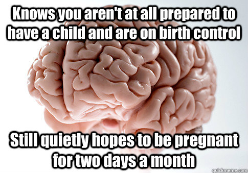 Knows you aren't at all prepared to have a child and are on birth control Still quietly hopes to be pregnant for two days a month  Scumbag Brain