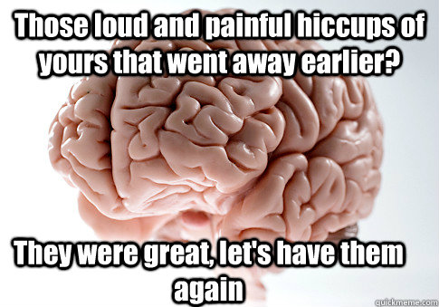 Those loud and painful hiccups of yours that went away earlier? They were great, let's have them  again   Scumbag Brain