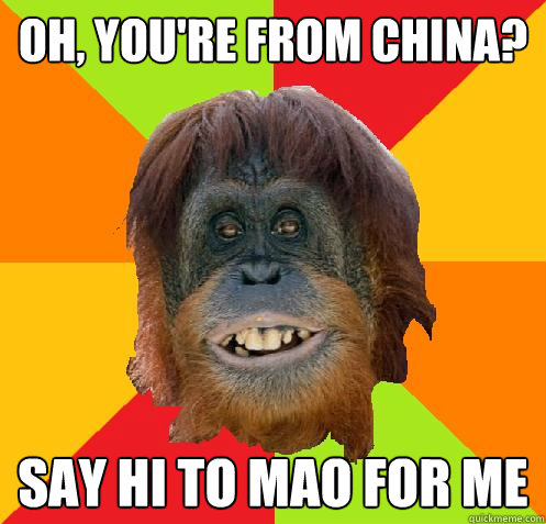 Oh, you're from China? Say hi to mao for me  Culturally Oblivious Orangutan