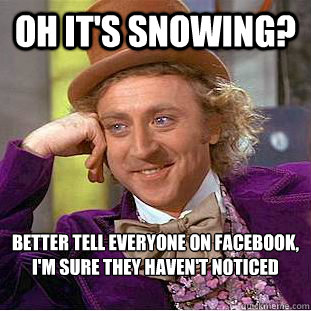 Oh it's snowing? Better tell everyone on facebook, I'm sure they haven't noticed - Oh it's snowing? Better tell everyone on facebook, I'm sure they haven't noticed  Condescending Wonka