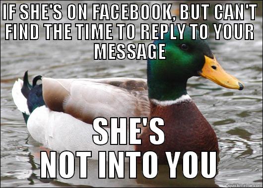 Not replying to your messages, but she's on Facebook? - IF SHE'S ON FACEBOOK, BUT CAN'T FIND THE TIME TO REPLY TO YOUR MESSAGE SHE'S NOT INTO YOU Actual Advice Mallard