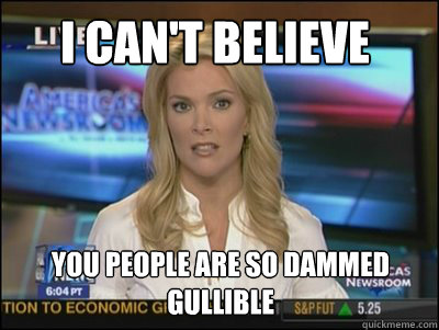 i can't believe  you people are so dammed gullible  Megyn Kelly