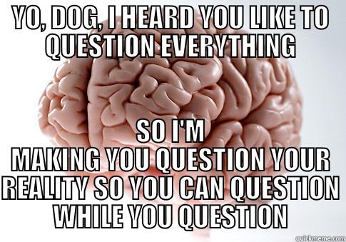 Overly Skeptical Skepticism - YO, DOG, I HEARD YOU LIKE TO QUESTION EVERYTHING SO I'M MAKING YOU QUESTION YOUR REALITY SO YOU CAN QUESTION WHILE YOU QUESTION Scumbag Brain