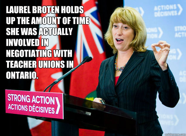 Laurel Broten holds up the amount of time she was actually involved in negotiating with teacher unions in Ontario.  Lying Laurel