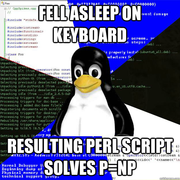 Fell asleep on keyboard Resulting perl script solves P=NP - Fell asleep on keyboard Resulting perl script solves P=NP  Computer Science Penguin