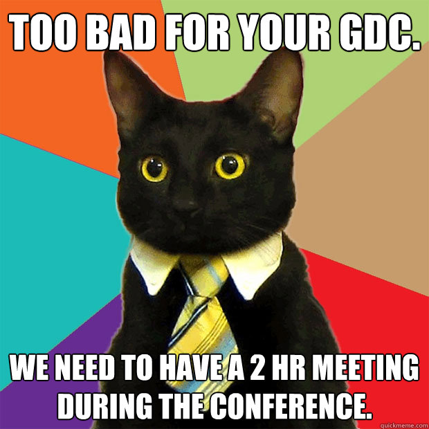 Too bad for your GDC. We need to have a 2 hr meeting during the conference.  Business Cat