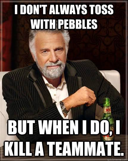 I don't always toss with pebbles but when i do, i kill a teammate.  The Most Interesting Man In The World