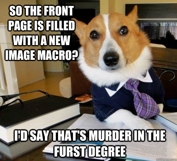 So the front page is filled with a new image macro? I'd say that's murder in the furst degree  Lawyer Dog