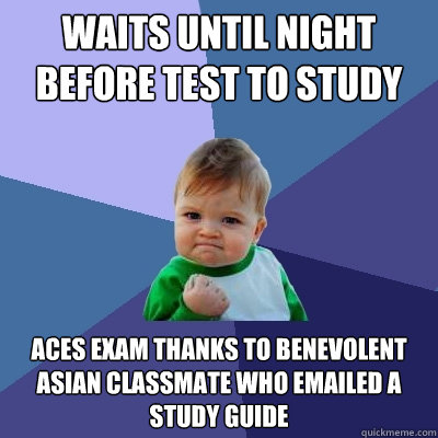 Waits until night before test to study Aces exam thanks to benevolent Asian classmate who emailed a study guide  Success Kid