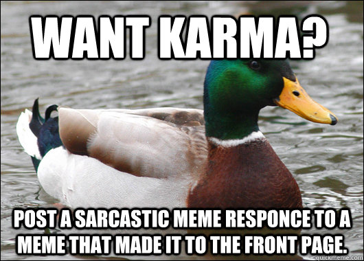 Want karma? Post a sarcastic meme responce to a meme that made it to the front page. - Want karma? Post a sarcastic meme responce to a meme that made it to the front page.  Actual Advice Mallard