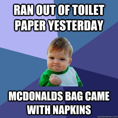 ran out of toilet paper yesterday mcdonalds bag came with napkins - ran out of toilet paper yesterday mcdonalds bag came with napkins  Success Kid