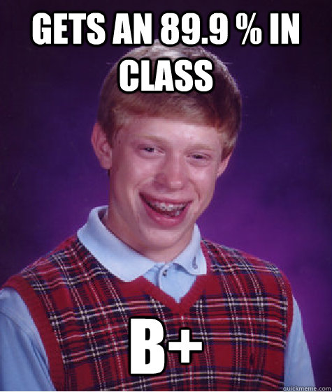 Gets an 89.9 % in class B+  Bad Luck Brian