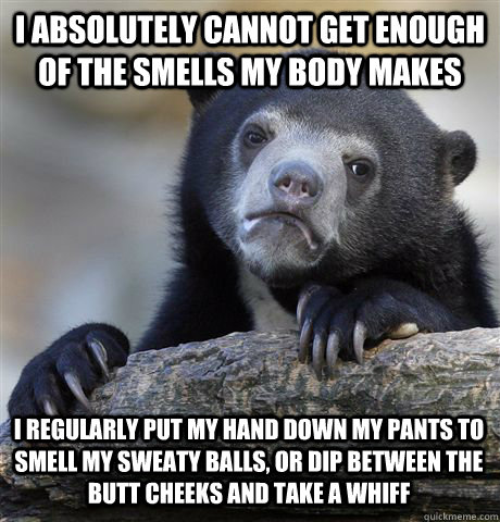 I ABSOLUTELY CANNOT GET ENOUGH OF THE SMELLS MY BODY MAKES I REGULARLY PUT MY HAND DOWN MY PANTS TO SMELL MY SWEATY BALLS, OR DIP BETWEEN THE BUTT CHEEKS AND TAKE A WHIFF  - I ABSOLUTELY CANNOT GET ENOUGH OF THE SMELLS MY BODY MAKES I REGULARLY PUT MY HAND DOWN MY PANTS TO SMELL MY SWEATY BALLS, OR DIP BETWEEN THE BUTT CHEEKS AND TAKE A WHIFF   Confession Bear