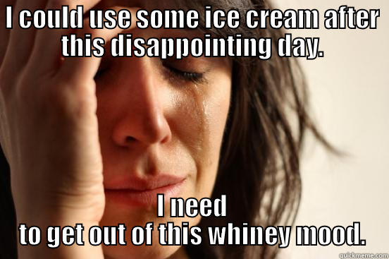 I could use some ice cream - I COULD USE SOME ICE CREAM AFTER THIS DISAPPOINTING DAY. I NEED TO GET OUT OF THIS WHINEY MOOD. First World Problems