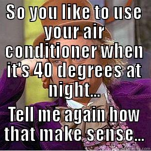 SO YOU LIKE TO USE YOUR AIR CONDITIONER WHEN IT'S 40 DEGREES AT NIGHT... TELL ME AGAIN HOW THAT MAKE SENSE... Condescending Wonka