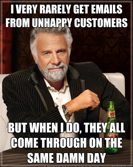 i very rarely get emails from unhappy customers But when i do, they all come through on the same damn day  The Most Interesting Man In The World