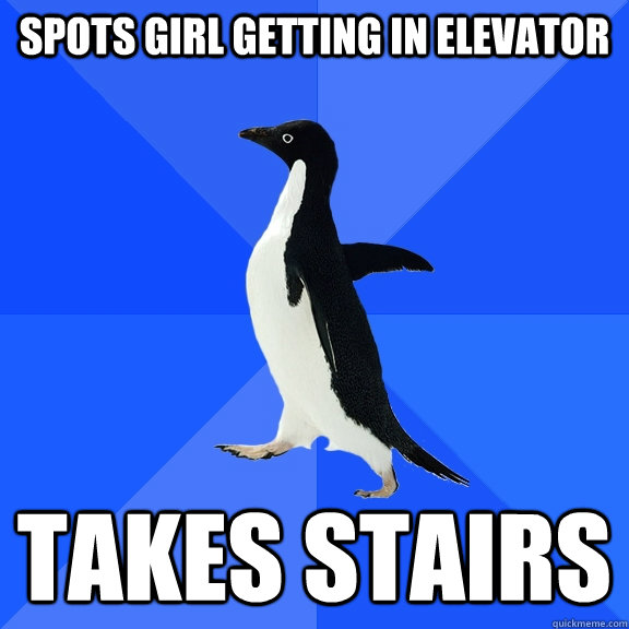 Spots girl getting in elevator takes stairs  Socially Awkward Penguin