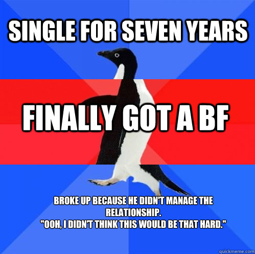 single for seven years finally got a BF broke up because he didn't manage the relationship.
