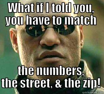 WHAT IF I TOLD YOU, YOU HAVE TO MATCH THE NUMBERS, THE STREET, & THE ZIP! Matrix Morpheus