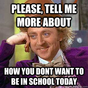 PLease, tell me more about how you dont want to be in school today - PLease, tell me more about how you dont want to be in school today  Condescending Wonka