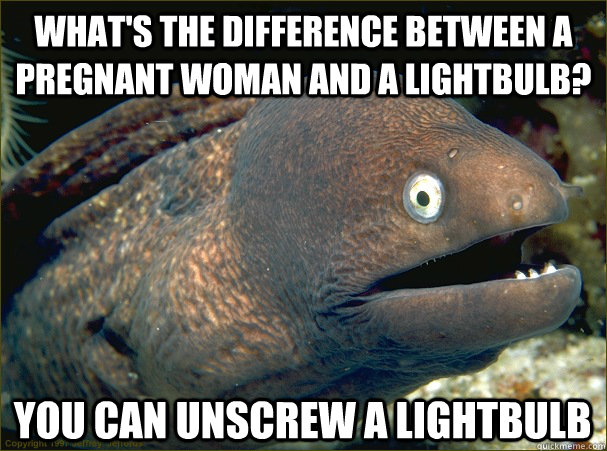 What's the difference between a pregnant woman and a lightbulb? You can unscrew a lightbulb  Bad Joke Eel