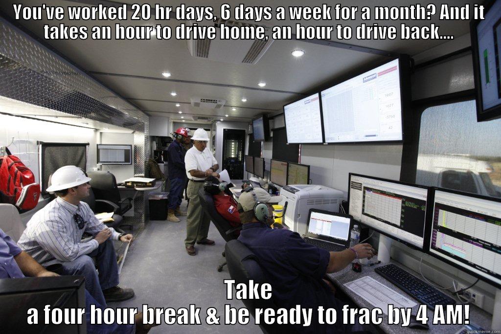 YOU'VE WORKED 20 HR DAYS, 6 DAYS A WEEK FOR A MONTH? AND IT TAKES AN HOUR TO DRIVE HOME, AN HOUR TO DRIVE BACK.... TAKE A FOUR HOUR BREAK & BE READY TO FRAC BY 4 AM! Misc