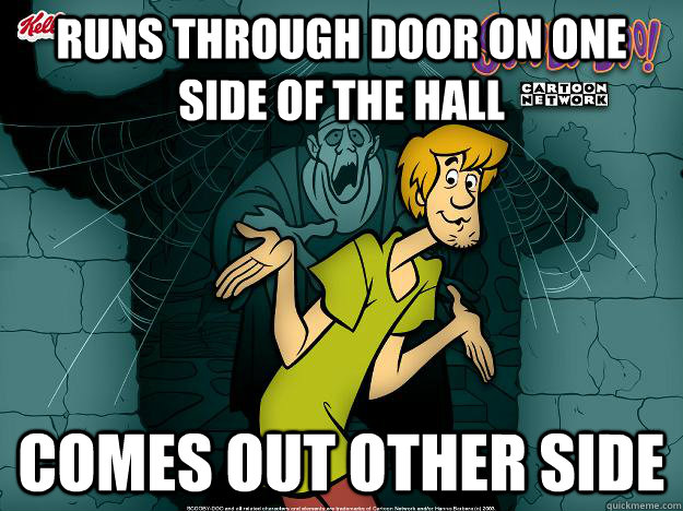 runs through door on one side of the hall comes out other side  Irrational Shaggy