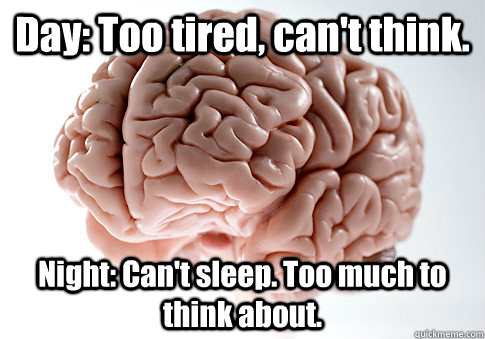 Day: Too tired, can't think.  Night: Can't sleep. Too much to think about.    Scumbag Brain