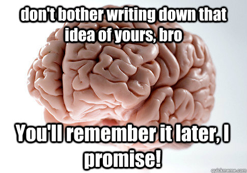 don't bother writing down that idea of yours, bro You'll remember it later, I promise!  Scumbag Brain