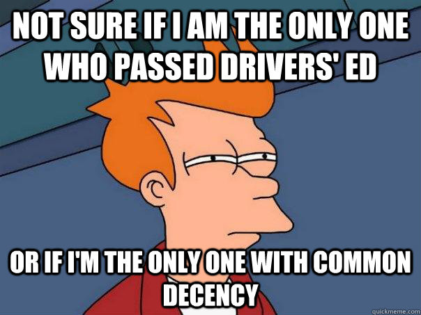 Not sure if I am the only one who passed drivers' ed Or if I'm the only one with common decency  Futurama Fry